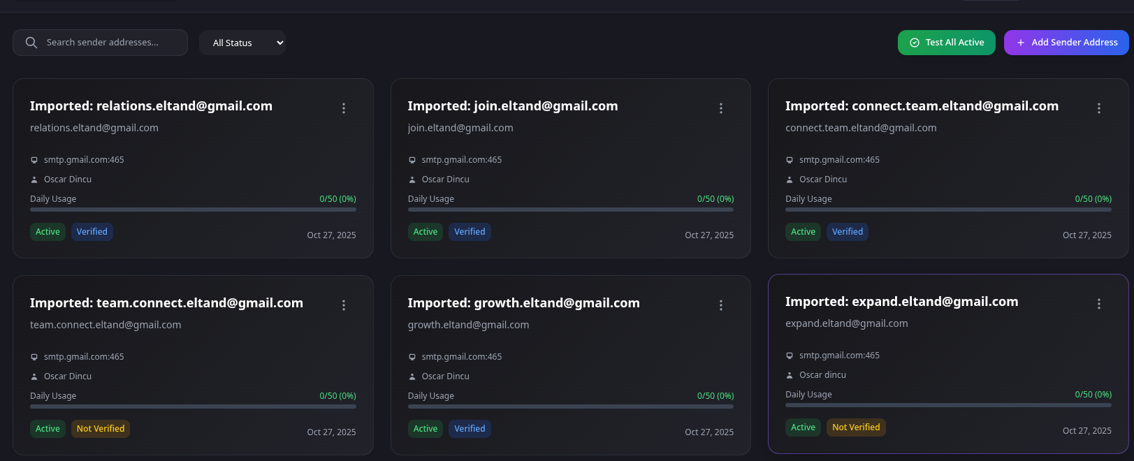Sender address management — configure and monitor sending domains